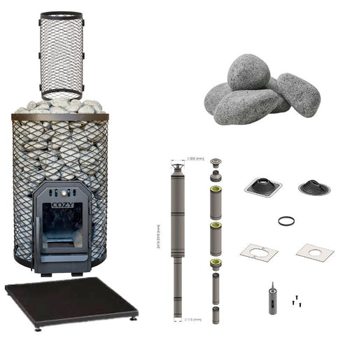 Cozy 12 O Holzsaunaofen Komplettset mit Schornstein, Saunasteinen, Bodenplatte und Zubehör zur Innenbefeuerung