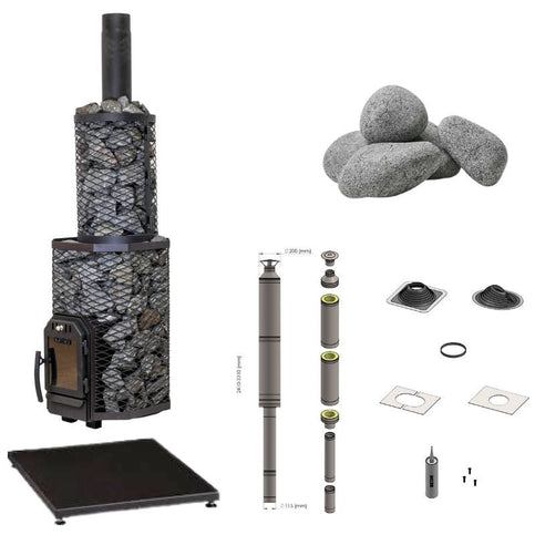 Cozy 12 Holzsaunaofen Komplettset mit Innenbefeuerung, Schornstein, Saunasteinen, Bodenplatte und Zubehör für Saunen bis 13 m³